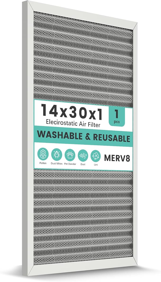 14x30x1 HVAC Furnace Air Filter, Washable Electrostatic Furnace Filter, MERV 8, Lasts a Lifetime, Breathe Fresher, Home And Office (Actual Size:13.5x29.65x0.82)