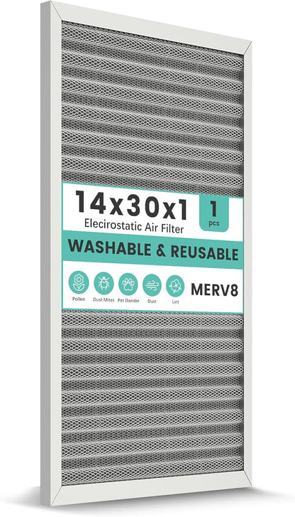 14x30x1 HVAC Furnace Air Filter, Washable Electrostatic Furnace Filter, MERV 8, Lasts a Lifetime, Breathe Fresher, Home And Office (Actual Size:13.5x29.65x0.82)