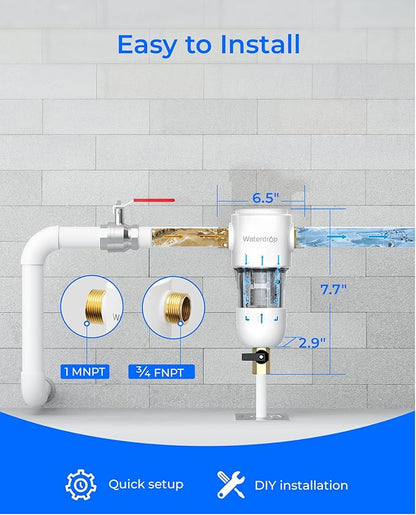 Waterdrop Spin Down Sediment Filter, Reusable Whole House Water Filter System, Flushable Pre-Filter System for City/Well Water, 50 Micron, 1" MNPT + 3/4" FNPT, WD-PF01