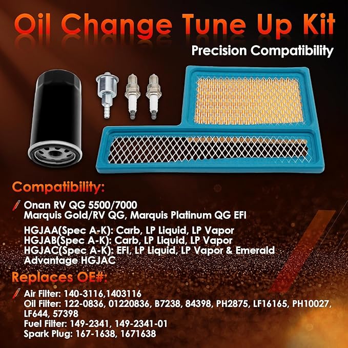 Tune Up Kit 140-3116 Air Filter, 122-0836 Oil Filter & Fuel Filter with Spark Plug, Compatible With Onan RV QG Generators 5500 7000, HGJAA HGJAB HGJAC & Marquis Gold/RV QG Marquis Platinum QG EFI