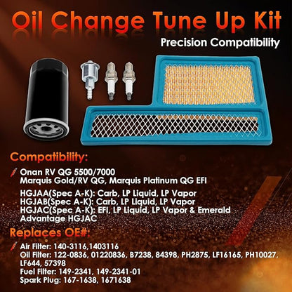 Tune Up Kit 140-3116 Air Filter, 122-0836 Oil Filter & Fuel Filter with Spark Plug, Compatible With Onan RV QG Generators 5500 7000, HGJAA HGJAB HGJAC & Marquis Gold/RV QG Marquis Platinum QG EFI