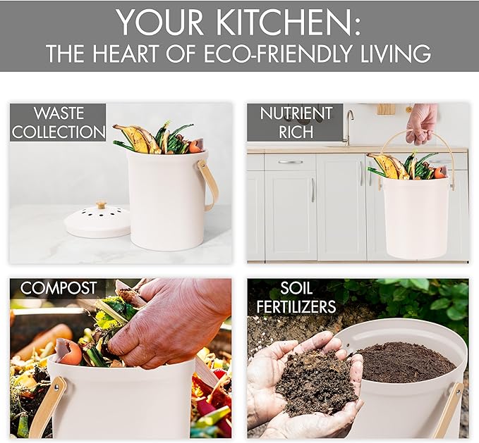 Beautiful Kitchen Compost Bin with Smell Proof Lid - Rust Proof and Odorless Compost Bucket for Your Countertop with No Smell Filters - Easy to Clean 1.1 Gallon Bin Looks Great On Any Kitchen Counter