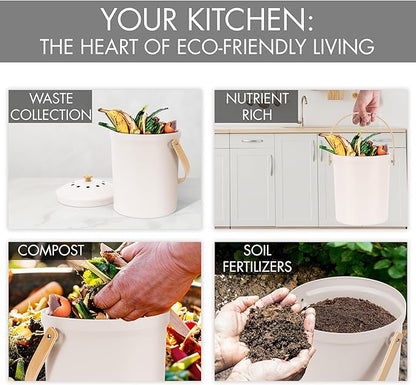 Beautiful Kitchen Compost Bin with Smell Proof Lid - Rust Proof and Odorless Compost Bucket for Your Countertop with No Smell Filters - Easy to Clean 1.1 Gallon Bin Looks Great On Any Kitchen Counter