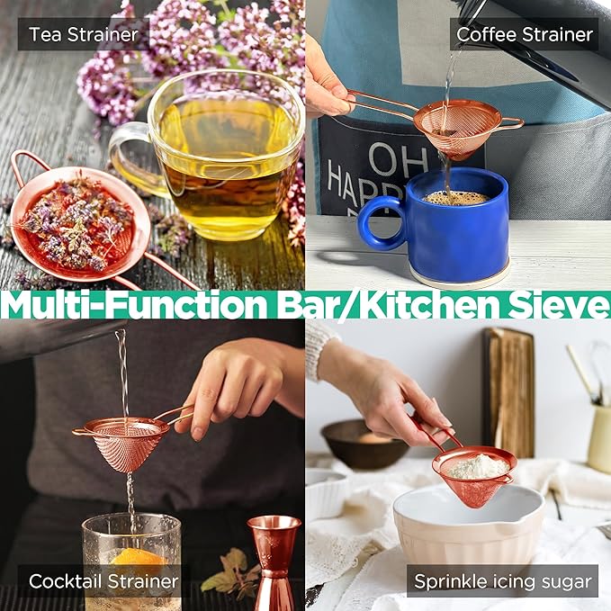 Homestia Fine Mesh Strainer for Kitchen, 304 Stainless Steel Cocktail Sieve Sifters for Food, Liquid Strainer Cup for Food, Drinks, Tea, Rice, Oil, Coffee, Juice, Flour, Fruits, Vegetables (Rose Gold)