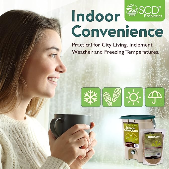 All Seasons Indoor Composter Starter Kit - Two Family-Sized Composting Bins for Kitchen Countertop and Bokashi Bran Starter 5 lb (2 gallons), Easily Compost Food After Every Meal, Odor Free