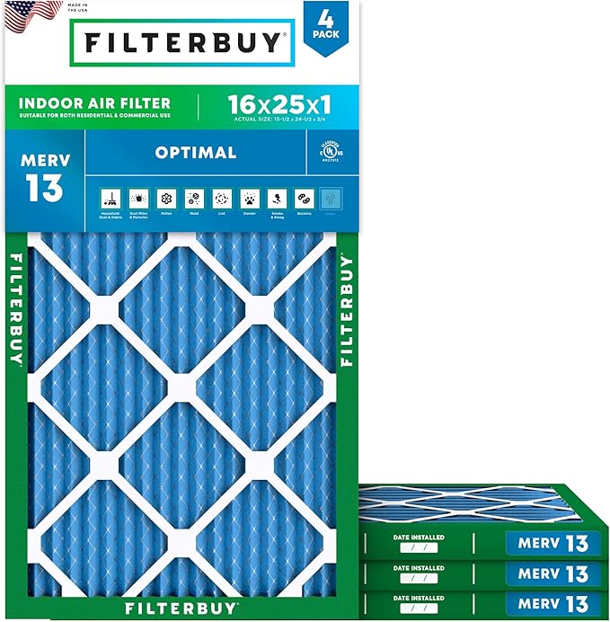 Filterbuy 16x25x1 Air Filter MERV 13 Optimal Smoke & Allergy Defense (4-Pack), Electrostatic Pleated HVAC AC Furnace Filters Replacement, Made in USA (Actual Size: 15.50 x 24.50 x 0.75)