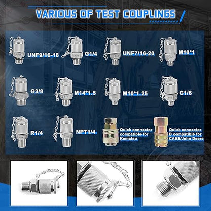 SINOCMP Hydraulic Pressure Test Kit with 3 Gauges(25/40/60Mpa), 12 Test Couplings, 3 Test Hoses(64in) Diagnosis Tester Gauge Kit Set for Excavator Construction Machinery