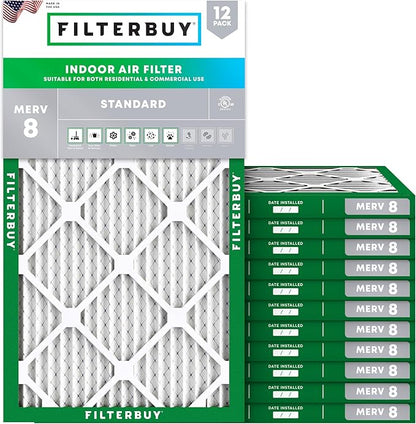 Filterbuy 16x32x1 Air Filter MERV 8 Essential Dust & Allergy Defense (12-Pack), Electrostatic Pleated HVAC AC Furnace Filters Replacement, Made in USA (Actual Size: 15.50 x 31.50 x 0.75)