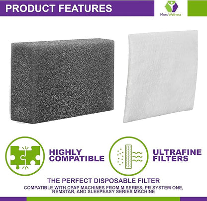 Mars Wellness 30 Pack CPAP Filters - Compatible with M Series, PR System One, Remstar, and SleepEasy Series - 15 Foam 15 Ultrafine Filter