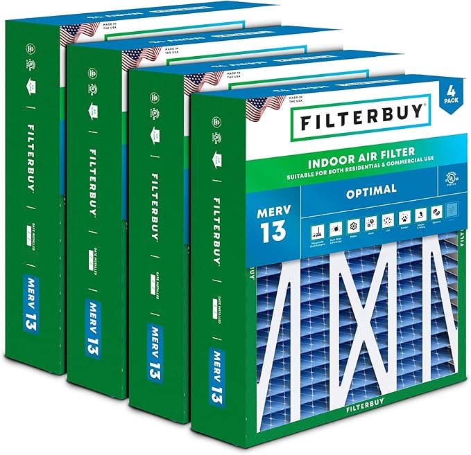 Filterbuy 20x23x5 Air Filter MERV 13 Optimal Smoke & Allergy Defense (4-Pack), Pleated HVAC AC Furnace Filters for Bryant, Carrier, BDP, Day & Night, and Payne (Actual Size: 19.81 x 22.56 x 4.25)