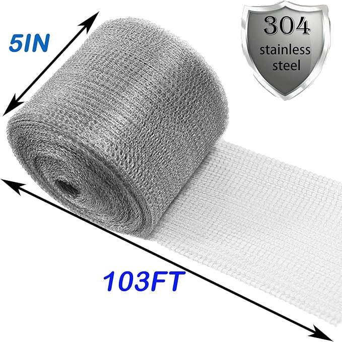 Wire Mesh Hole Fill Fabric 5 in X 103Ft, Weep Holes Filler and Covers, Upgraded Stainless Steel Wire Mesh, Flexible Stretchy Hardware Cloth for Garden House and DIY, Mice Control Rodent Barrier