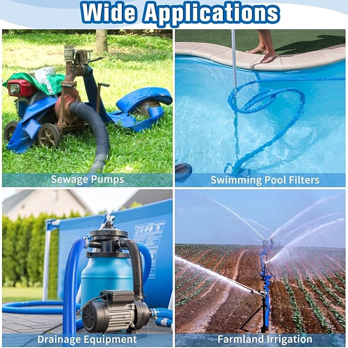 MYFAMIREA 1.5 IN x 30 FT Pool Backwash Hose Heavy Duty Drain Discharge Double PVC Layflat Hose with 2 Clamps, Weatherproof Burst Resistant for Water Transfer, Sump Pump, Pool Filter, Drain (9.2M,Blue)