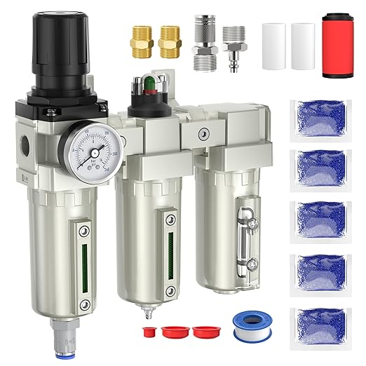 1/2" NPT Air Compressor Water Separator, Industrial Grade 3 Stage Air Drying System with 0-240 PSI Air Regulator, Particulate Filter, Coalescing Filter, Desiccant Dryer, Metal Bowl, Auto Drain