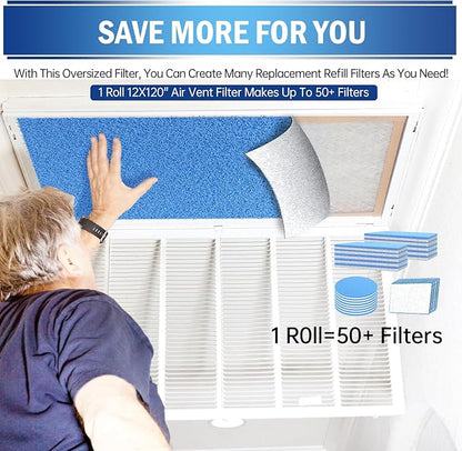 UBeesize Air Vent Filters, 120" x 12" Cut to Size Air Filter Material (50+ Filters), MERV 8 Triple Vent Filter Kit for Home Floor, Grilles, Ceiling, HVAC Furnace Vents, With 48PCs Adhesive Hook Tape