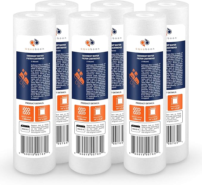 Aquaboon 1 Micron Whole House Sediment Filter 10 x 2.5 for RO & Well Water Filters Replacement Cartridges Compatible with AP110, WHKF-GD05, 6 Pack