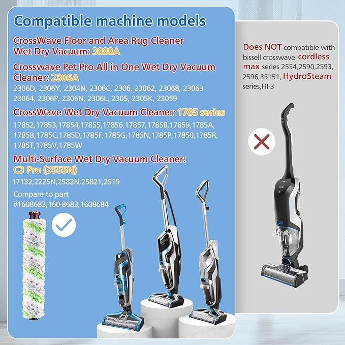 Brush Filter Replacement Compatible with Bissell CrossWave Pet Pro All in One, 3 Multi-Surface Brush Roll 1868 + 3 Vacuum Filter 1866 Vacuum Filter, Compare to Part 1608683, 160-8683, 1608684