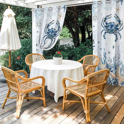 Oceans Outdoor Curtains for Patio Crabs Marine Life Shell Starfish Blue Waterproof Outside Curtains with Grommet Top Weatherproof Curtain for Cabana Pergola Gazebo, 1 Panel, 54" W x 95" L