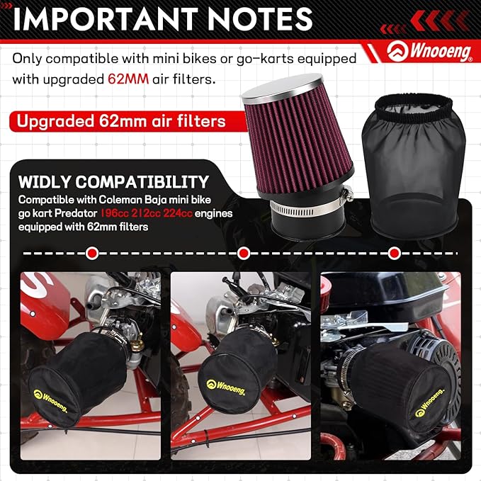 62mm Mini Bike Air Filter Cover for Predator 212cc 196cc 224cc 99cc Coleman CT200U CT200U-EX BT200X B200R B200 KT196 CT100U CC100X Baja MB165 MB200 DB30 Mini Bike Go Kart Parts (Black)