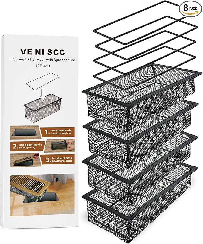Floor Vent Screen Net, Vent Cover Mesh 6''x10'' for Home Floor and RV Accessory, Air Vent Filter Catches Toys Snacks Pet Food and Pet Hair, Keeps Duct Cleaning - with Spreader Bar 4 Pack