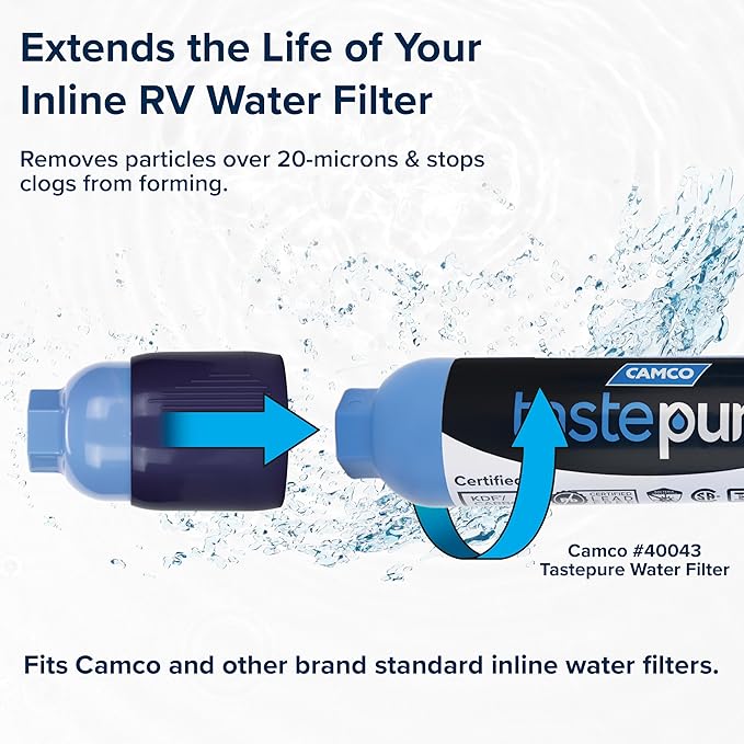 Camco Tastepure Sediment Pre-Filter for RV Water Filter - Features 20-Micron Water Filter System & Provides First Stage of Water Filtration - Extends the Life of Inline Water Filters (40048)