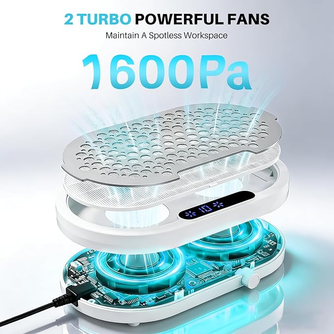 Nail Dust Collector, 1600PA Professional Nail Vacuum Dust Collector Fan with Filter Papers (30 Pcs) for Acrylic Nail Polishing & Manicure at Nail Salon & Home