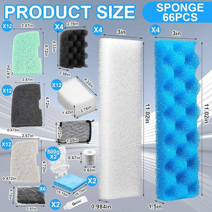 68 Pcs Canister Filter Media Kit Compatible with Fluval 406/407 Filter Media, Including Mesh Bags, 2 Packs of Ceramic Rings (500g Each), Quick Clear Foam, Nitrite/Phosphate/Ammonia Remover