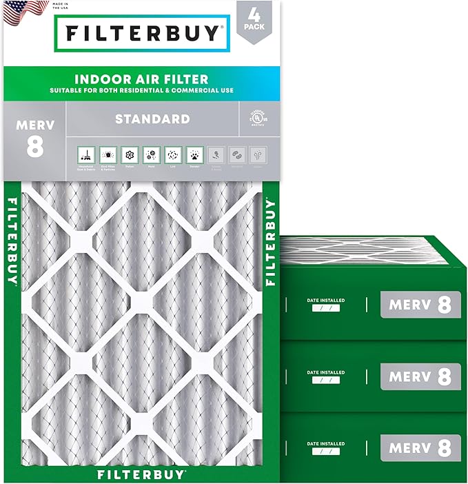 Filterbuy 12x20x4 Air Filter MERV 8 Essential Dust & Allergy Defense (4-Pack), Electrostatic Pleated HVAC AC Furnace Filters Replacement, Made in USA (Actual Size: 11.50 x 19.50 x 3.63)