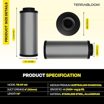 TerraBloom 6" Air Filter 16" Long, 46mm Thick Carbon Bed, Airflow up to 400 CFM. Premium Carbon Air Filtration From Odors, VOCs, Airborne Pollutants for Grow Tents, Homes, Commercial Applications.