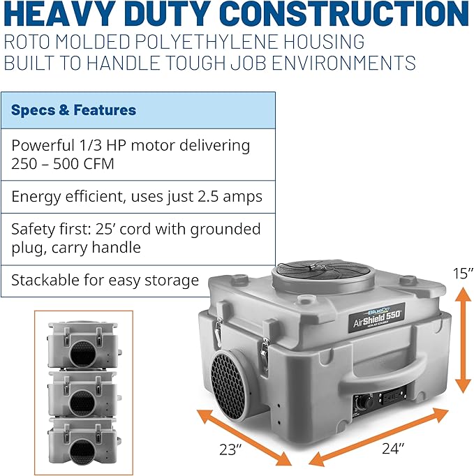 BlueDri Air Shield 550 HEPA Air Scrubber, Water Damage Restoration Equipment Air Purifier, Covers 1400 Sq. Ft, Daisy Chain Capable, For Commercial Use, Gray, BD-AS-550