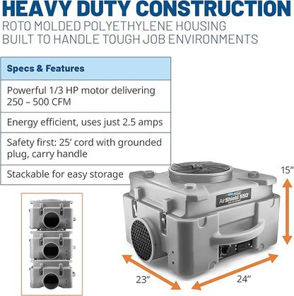 BlueDri Air Shield 550 HEPA Air Scrubber, Water Damage Restoration Equipment Air Purifier, Covers 1400 Sq. Ft, Daisy Chain Capable, For Commercial Use, Gray, BD-AS-550