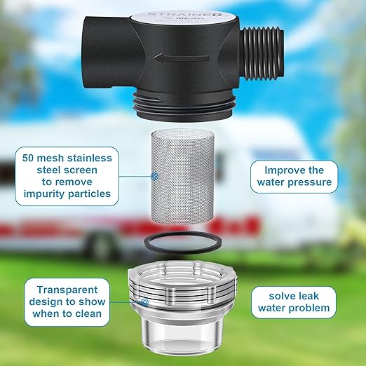 Dreyoo RV Water Pump Strainer Filter, 1/2 Twist On Pipe Strainer, 1/2 x 14 NPT x 1/2 Inch Barb Elbow and 2 Straight Swivel Adapter, RV Plumbing Fittings with PTFE Thread Seal Tape