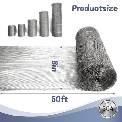 8" X 50 ft 304 Stainless Steel Mesh, Wire Mesh for Plants, Hole Fill Fabric Gap Blocker, Double Layer Metal Mesh Roll, Flexible Stretchy for Garden House and DIY (E-8" X 50 ft)