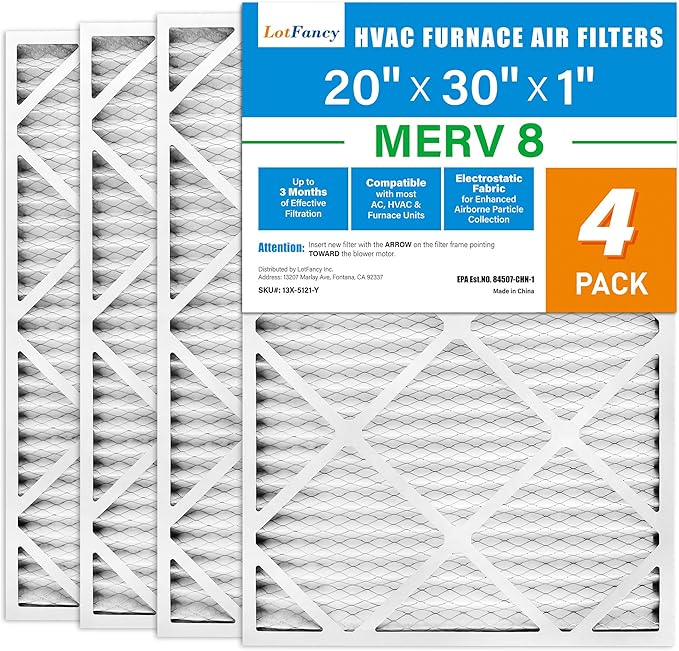 LotFancy 20x30x1 Air Filter MERV 8 4-Pack, Electrostatic Pleated Furnace & AC Filter, Captures Dust, Pet Hair, Pollen, Actual Size: 19.75"x29.75"x0.75"