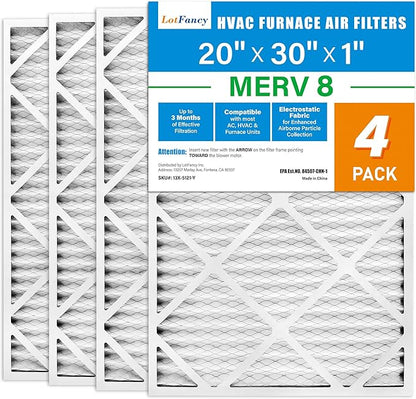 LotFancy 20x30x1 Air Filter MERV 8 4-Pack, Electrostatic Pleated Furnace & AC Filter, Captures Dust, Pet Hair, Pollen, Actual Size: 19.75"x29.75"x0.75"