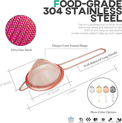 Homestia Fine Mesh Strainer for Kitchen, 304 Stainless Steel Cocktail Sieve Sifters for Food, Liquid Strainer Cup for Food, Drinks, Tea, Rice, Oil, Coffee, Juice, Flour, Fruits, Vegetables (Rose Gold)