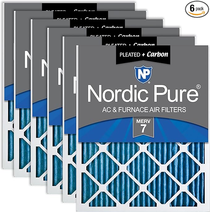 Nordic Pure 25x25x1 (Actual Size: 24 1/2 x 24 1/2 x 3/4) Pleated Air Filters MERV 7 Plus Carbon 6 Pack