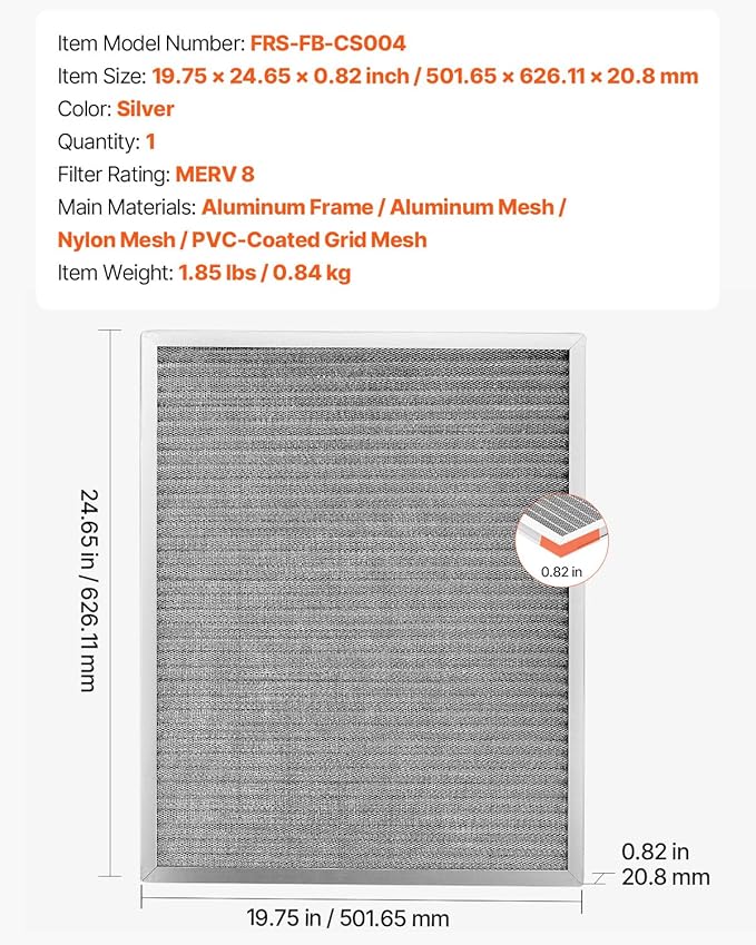 VEVOR 20x25x1 inch Electrostatic Air Filter, AC/HVAC Furnace Filter Washable & Reusable Aluminum, MERV 8 Long Lifetime, Home or Office (Actual Size: 19.75 x 24.65 x 0.82 in)