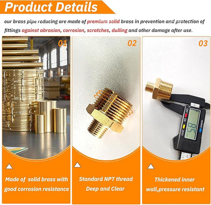 2pcs 3/4" NPT x 1/4" NPT Brass Nipple, 3/4 to 1/4 Adapter Fitting Reducing Solid Hex Brass Nipple, 3/4 Male to 1/4 Male Reducer Pipe Fittings for Extending and Connecting Pipes