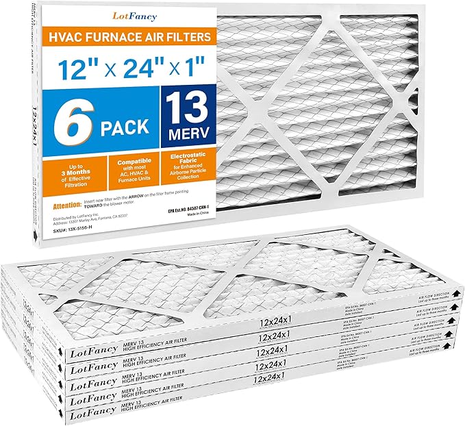 LotFancy 12x24x1 Air Filter MERV 13 6-Pack, Electrostatic Pleated HVAC Furnace Air Filter, Captures Pet Dander Smog Smoke, Actual Size: 11.75"x23.75"x0.75"
