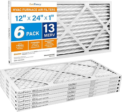LotFancy 12x24x1 Air Filter MERV 13 6-Pack, Electrostatic Pleated HVAC Furnace Air Filter, Captures Pet Dander Smog Smoke, Actual Size: 11.75"x23.75"x0.75"