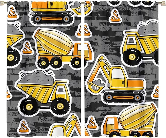 Kids Construction Excavator Window Curtains, Yellow Excavator Transporter Truck Cartoon Vehicles Rod Pocket Decorative Window Curtain for Children Teens Room 72x63in (30% Blackout)