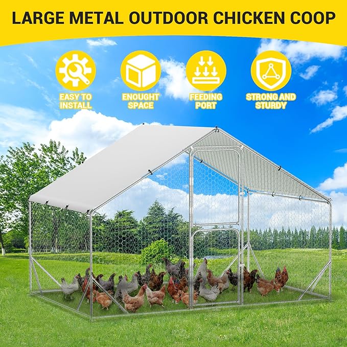 9.8X6.5x6.5FT, Large Walk in Chicken Run Pen Cage, Metal Coop Clearance with Double Door, Chicken Runs for Yard with Cover, Outdoor Cages for Chickens and Range Poultry, Large Chicken Coops