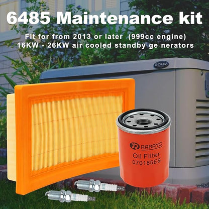 6485 Maintenance Kit Compatible with Generac 16KW 20KW 22KW 24KW 26KW Cooled Generators 999cc Engine with Paper Funnel Oil Wipe Replace Part Number 0J8478S Air Filter 070185E Oil Filter