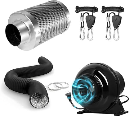 HealSmart 4 Inch 195 CFM Inline Duct Fan Vent Booster Blower, 4" Air Carbon Filter, 4 Inch 8FT PVC Ducting and Rope Hanger for Grow Tent, Greenhouse, Basement, Quiet