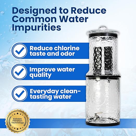 The Water Machine All Glass Purifier - Gravity Fed Water Filtration System with Activated Carbon Filters, Off Grid Emergency & Home Survival Portable Countertop Filter with Wooden Stand - 3 Gallon