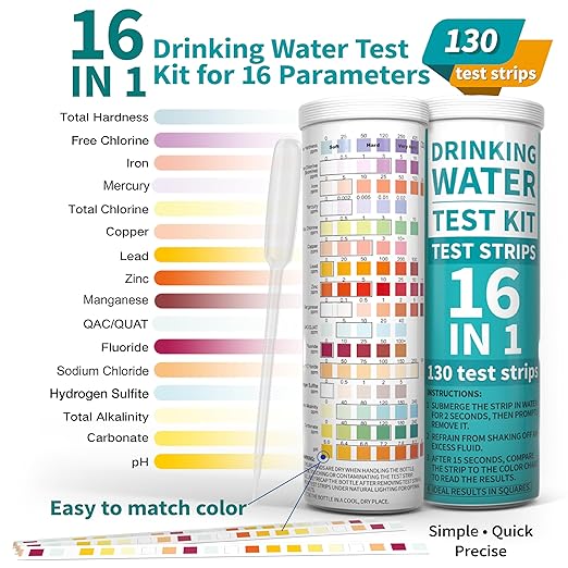 22 in 1 Drinking Water Test Kit 130 Strips - Well, Tap, Home, Swimming Pool, Hot Tub Testing Strip for Flouride, Lead, Hardness, Chlorine, Iron, Copper & More