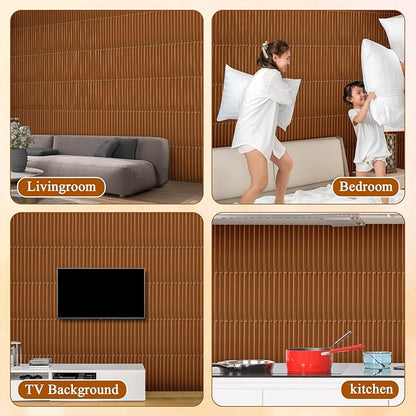 Nuanchu 32 Pcs 3D Slat Wall Panels 12 x 12 Inch PVC Fluted Textured Panel Cuttable Paintable DIY Wall Art Decorative Tiles for Ceiling Studio Bathroom Interior TV Background (Teak Grain)