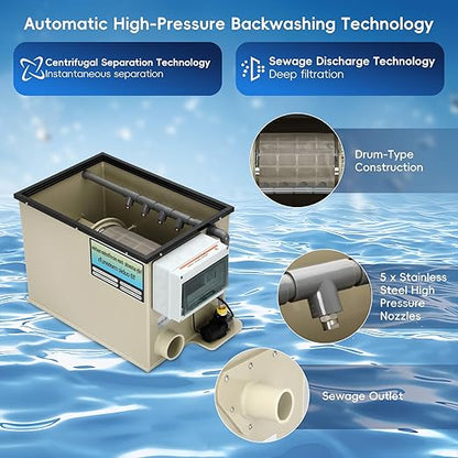 Rotary Drum Filter-3000GPH, 110V-240V High Pressure Cleaning Drum Filter, Fully Automatic Self-Cleaning Filter for Koi Pond, Fish Pond, Aquarium, Fish Farm, Seedling Cultivation Base, Aquaculture