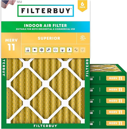 Filterbuy 14x20x2 Air Filter MERV 11 Superior Pet & Allergy Defense (6-Pack), Electrostatic Pleated HVAC AC Furnace Filters Replacement, Made in USA (Actual Size: 13.50 x 19.50 x 1.75)