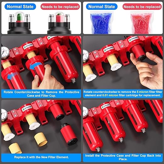 TAILONZ PNEUMATIC 1/2 Inch NPT 0-150 PSI Red Industrial Grade 4 Stage Air Drying System, Double Particulate Filter, Coalescing Filte,Desiccant Dryer and Air Regulator Manual Drainage